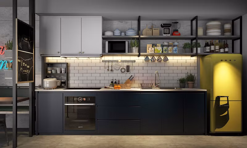  Bếp nấu bao gồm một bức tường màu đen- trắng được chiếu sáng bằng đèn tường.