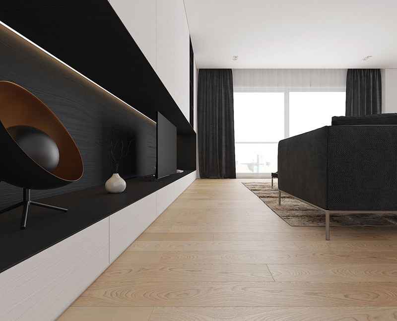  Tủ gỗ sơn đen có hai lợi ích. Đầu tiên, nó không làm rối mắt trong khi xem. Thứ hai, nó cho phép các thiết bị điện tử hòa trộn một cách không phô trương trong khi tắt nguồn.