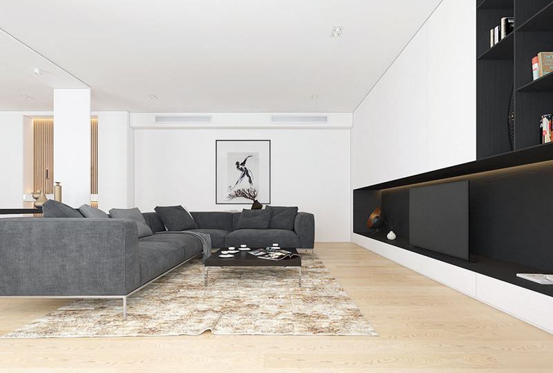 Tủ tivi thấp có cùng màu sắc với ghế sofa.