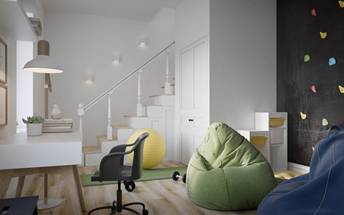 Nội thất phòng khách chủ yếu tập trung vào màu kem, xám, trắng và gỗ tự nhiên.