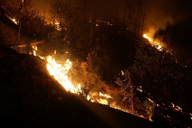 Sau hơn 6h cháy, đến 3h sáng ngày 1-7, đám cháy tại núi Mào Gà vẫn đang tiếp tục lây lan trên diện rộng.