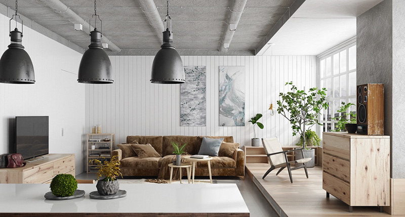 Phòng khách đặt dưới tấm trần bằng bê tông, gỗ sáng màu. Những chiếc ghế da lộn bên dưới là nơi cả gia đình tụ họp, trò chuyện vào mỗi buổi tối. Phòng khách đặt dưới tấm trần bằng bê tông, gỗ sáng màu. Những chiếc ghế da lộn bên dưới là nơi cả gia đình tụ họp, trò chuyện vào mỗi buổi tối.