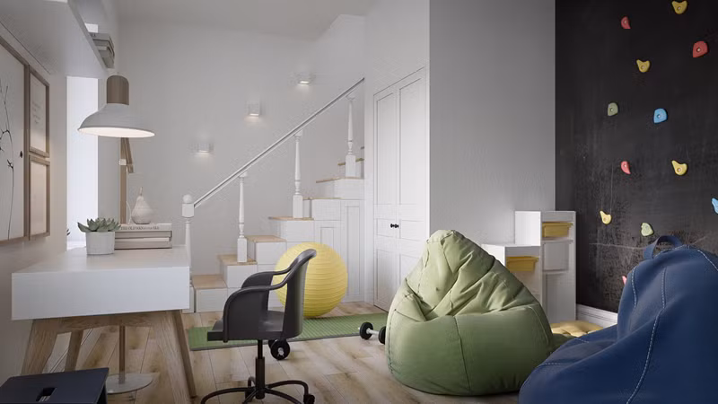 Ở tầng dưới, phòng chơi và khu vực lưu trữ là nơi lý tưởng để trẻ em chơi đùa.Phòng chơi có bàn học đơn giản cũng như tường leo núi cá nhân. Ở tầng dưới, phòng chơi và khu vực lưu trữ là nơi lý tưởng để trẻ em chơi đùa.Phòng chơi có bàn học đơn giản cũng như tường leo núi cá nhân.