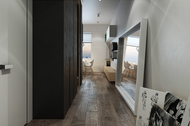 Cũng như bao căn hộ nhỏ khác, gương được sử dụng như vũ khí bí mật tạo cảm giác căn phòng rộng hơn so với diện tích thực tế. Cũng như bao căn hộ nhỏ khác, gương được sử dụng như vũ khí bí mật tạo cảm giác căn phòng rộng hơn so với diện tích thực tế.