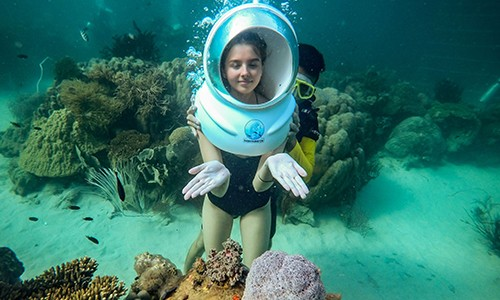  Bạn sẽ đi bộ trên thảm cát trắng mịn, hai bên lối đi là những rặn san hô theo dòng hải lưu đong đưa rất thú vị.