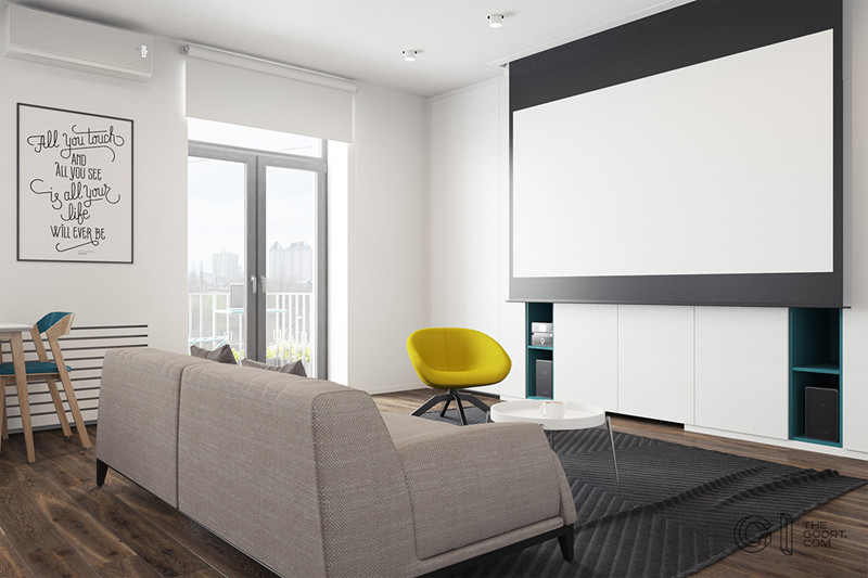 Chủ nhân tận dụng không gian bằng các nội thất đa chức năng. Màn hình chiếu vừa có thể xem tivi vừa chơi trò chơi điện tử. Khi không sử dụng màn hình có thể được kéo lên và thu gọn lại. Chủ nhân tận dụng không gian bằng các nội thất đa chức năng. Màn hình chiếu vừa có thể xem tivi vừa chơi trò chơi điện tử. Khi không sử dụng màn hình có thể được kéo lên và thu gọn lại.