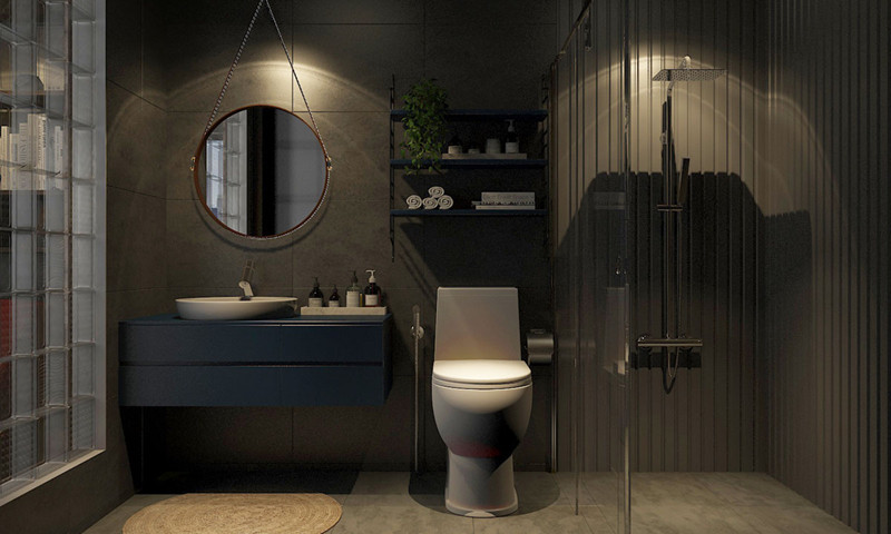 Phòng tắm ma mị với những gam màu tối.