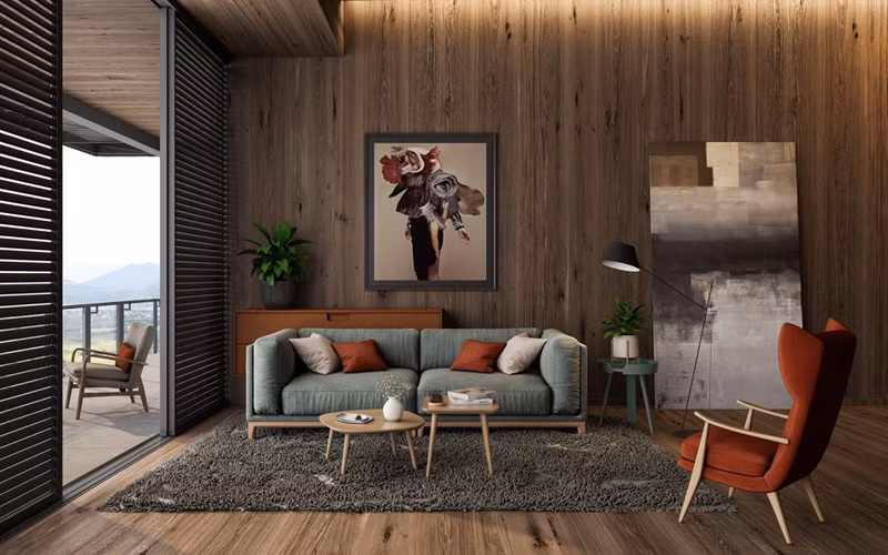 Ghế ngồi màu đỏ nổi bật giữa những sản phẩm bằng gỗ tự nhiên. Chân bàn, ghế sofa, ghế đơn có hình dáng thanh mảnh, bo tròn tinh tế.