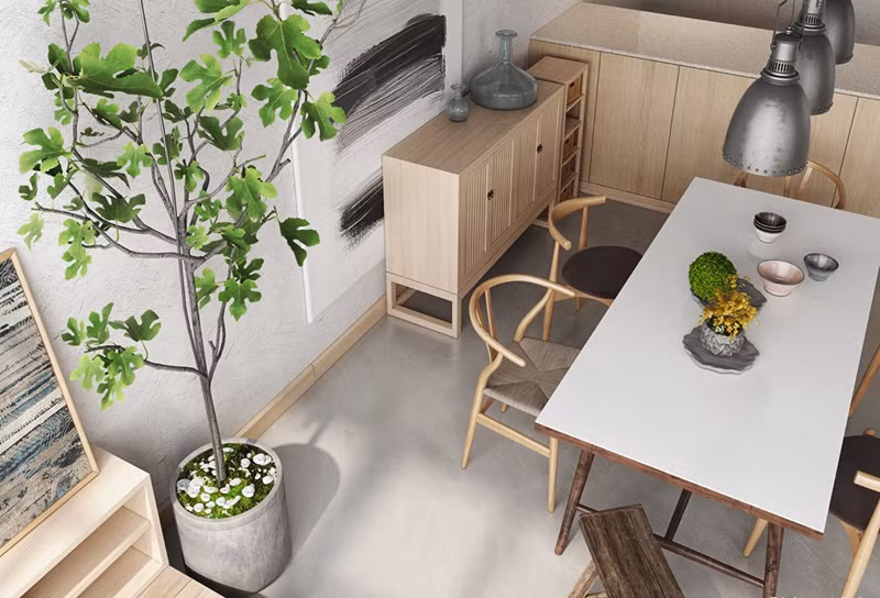 Tủ bát đĩa đặt cạnh bàn ăn, vừa trang trí vừa là nơi lưu trữ tiện lợi.