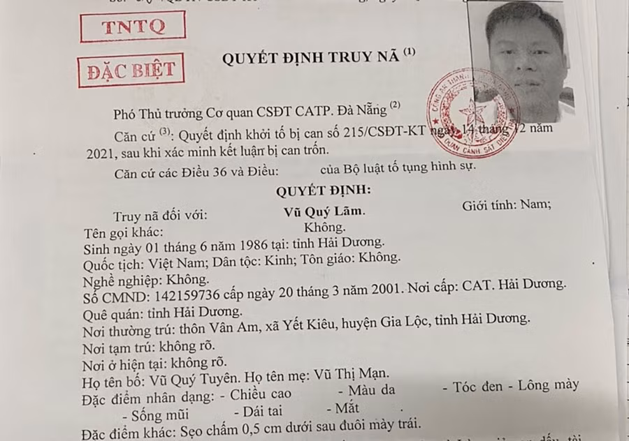 Vũ Quý Lãm bị truy nã trên toàn quốc. Ảnh: Nguyễn Tú