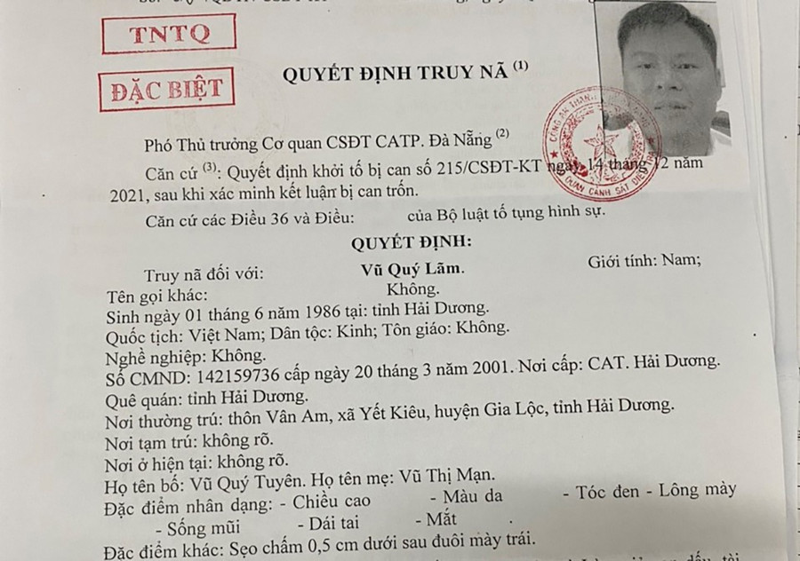 Vũ Quý Lãm bị truy nã trên toàn quốc. Ảnh: Nguyễn Tú