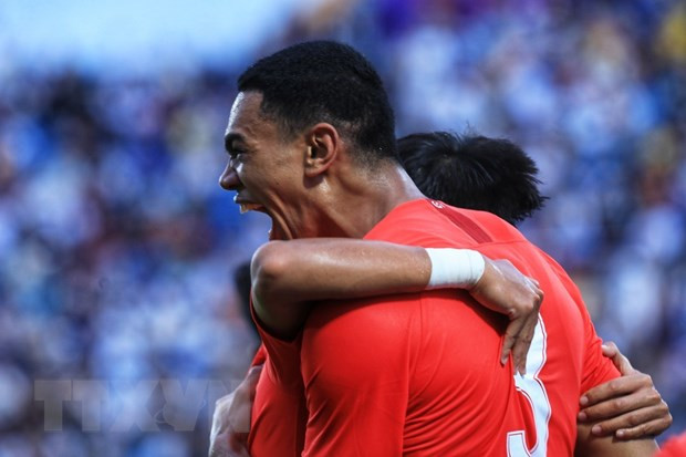 U23 Singapore có điểm ở những phút cuối trận. Ảnh: Tuấn Anh/TTXVN