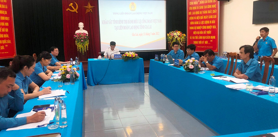  1Toàn cảnh buổi làm việc khảo sát tỉnh hình thi hành Điều lệ Công đoàn Việt Nam. Ảnh: Đinh Yến