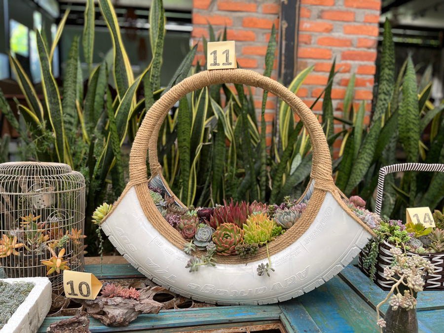 Chiếc giỏ xách sen đá độc đáo do chị Thơ sáng tạo từ lốp xe cũ. Ảnh: Phương Vi