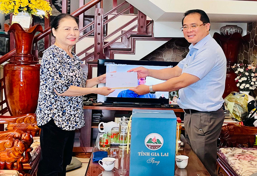 Phó Chủ tịch UBND tỉnh Hồ Phước Thành thăm và tặng quà Nghệ sỹ Nhân dân Đinh Xuân La. Ảnh: 