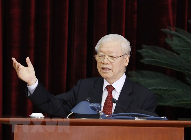 Tổng Bí thư Nguyễn Phú Trọng phát biểu bế mạc hội nghị. (Ảnh: Phương Hoa/TTXVN)