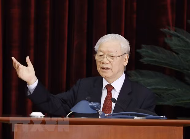 Tổng Bí thư Nguyễn Phú Trọng phát biểu bế mạc hội nghị. (Ảnh: Phương Hoa/TTXVN)