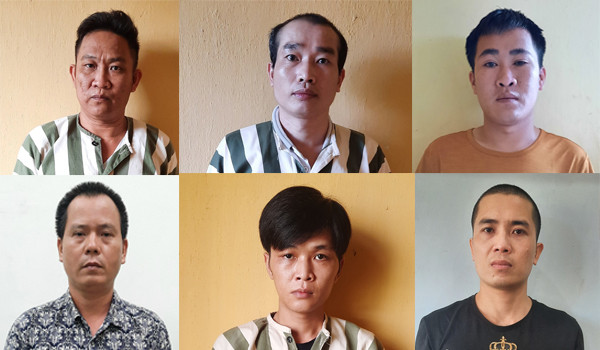 6 đối tượng trong Chuyên án sa lưới (từ trái qua, hàng trên xuống): Hà Hữu Nhân, Nguyễn Văn Nam, Lương Xuân Trình, Khuất Duy Nghĩa, Lục Văn Quang và Trần Văn Tùng. Ảnh: Thúy Trinh 