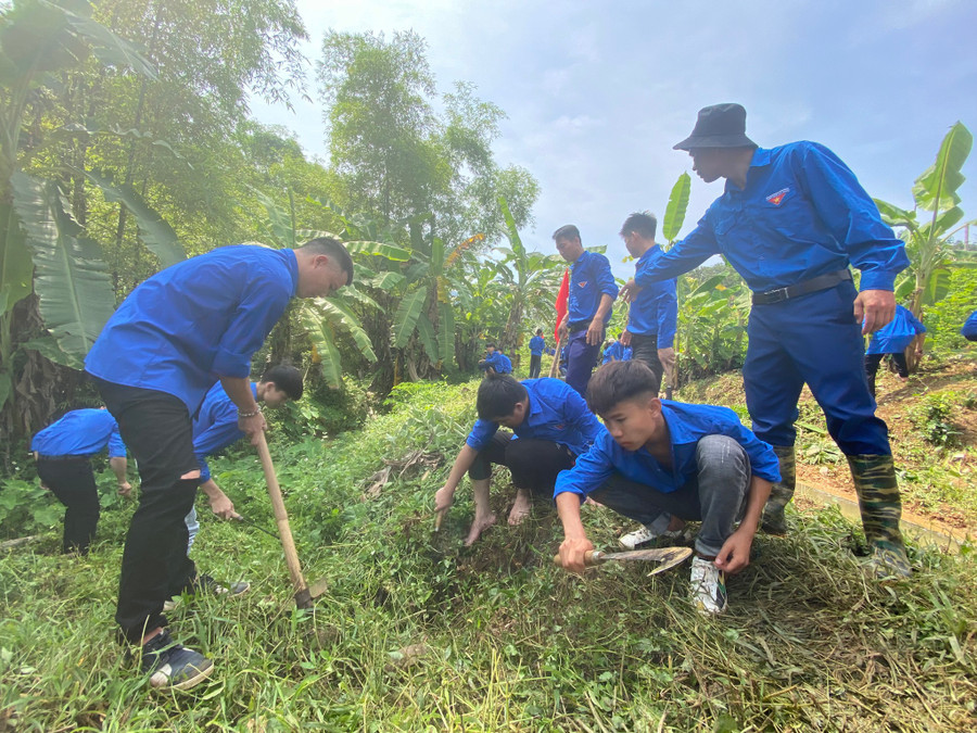 Thanh niên tình nguyện tham gia làm vệ sinh môi trường trong lễ ra quân. Ảnh: Bảo Anh