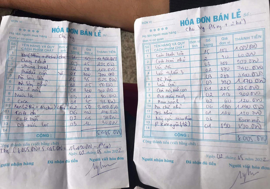  Hai phiếu tính tiền của farmstay Nẫu Ecovalley gây xôn xao dư luận. Ảnh chụp màn hình