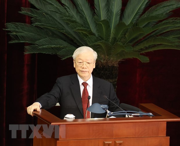 Tổng Bí thư Nguyễn Phú Trọng phát biểu bế mạc Hội nghị. (Ảnh: Trí Dũng/TTXVN)