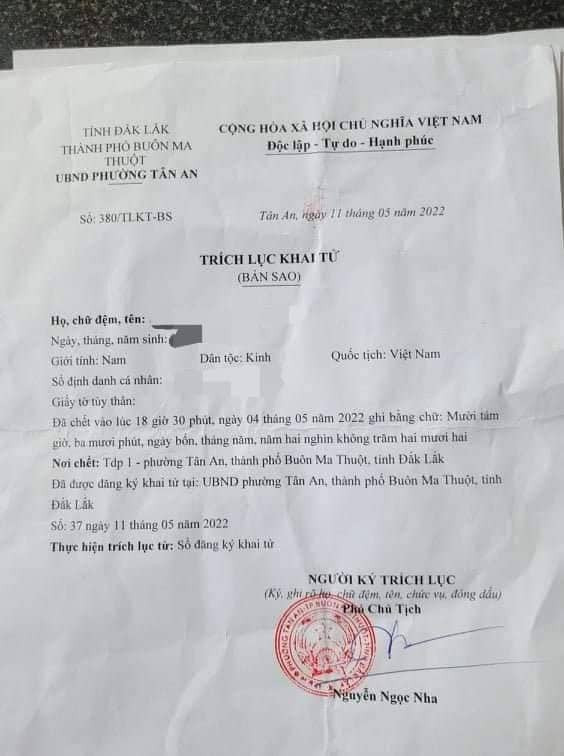 Giấy khai tử của cháu N.H.L Giấy khai tử của cháu N.H.L