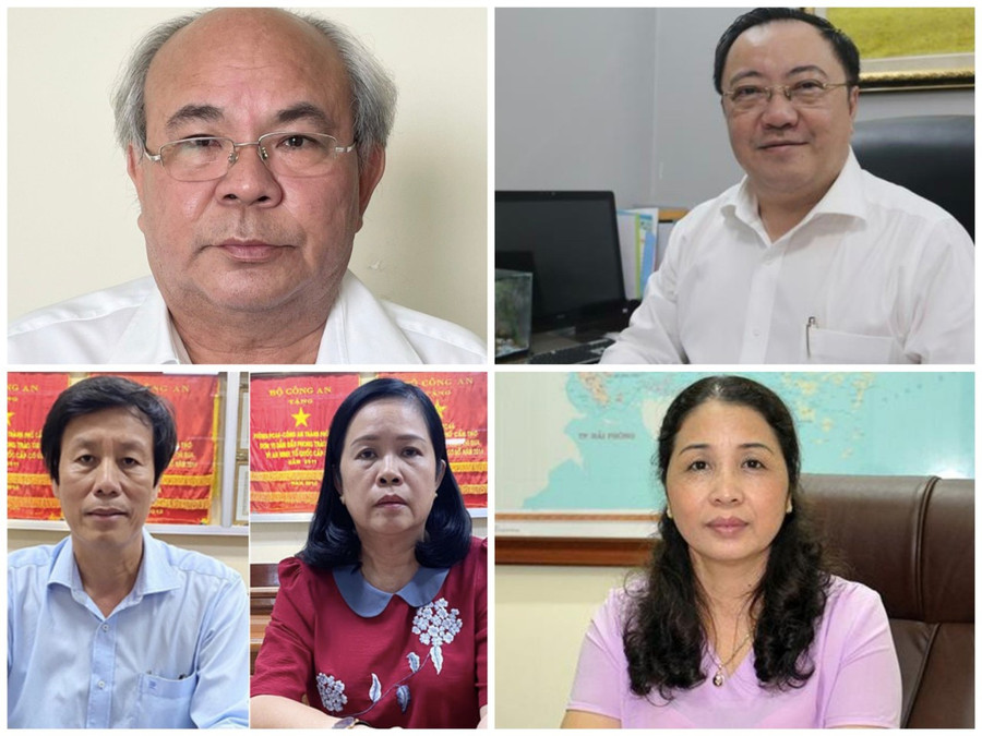 Các bị can (từ trái qua, từ trên xuống): Hoa Công Hậu, Phan Huy Anh Vũ, Cao Minh Chu, Bùi Lê Phi và Vũ Liên Oanh. Ảnh: Bộ Công an Các bị can (từ trái qua, từ trên xuống): Hoa Công Hậu, Phan Huy Anh Vũ, Cao Minh Chu, Bùi Lê Phi và Vũ Liên Oanh. Ảnh: Bộ Công an