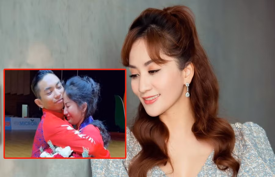 Khánh Thi xúc động trước thành tích người bạn đời giành được. Ảnh: FBNV/ Chụp màn hình