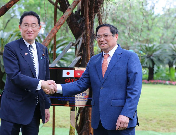 Thủ tướng Phạm Minh Chính và Thủ tướng Nhật Bản Kishida Fumio trồng cây lưu niệm trong khuôn viên Trụ sở Chính phủ. Ảnh: Hữu Hưng