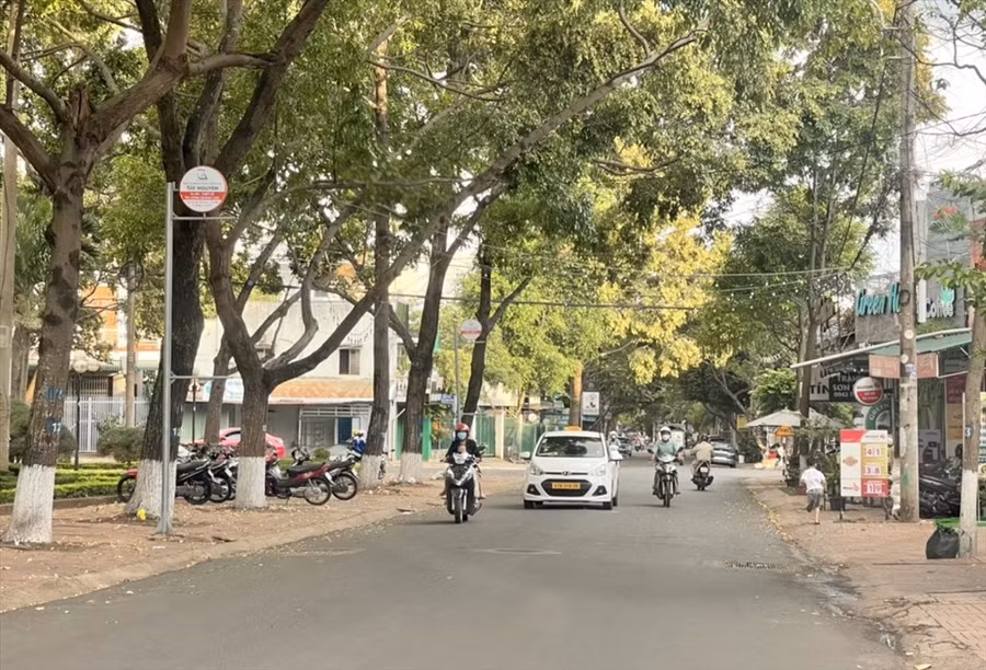  Do không có vạch kẻ phân chia làn đường nên phương tiện lưu thông trên đường Lê Thị Hồng Gấm lưu thông theo kiểu “mạnh ai nấy đi“. Ảnh: Phan Tuấn