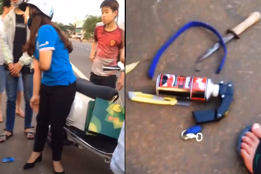 Công cụ gây án các đối tượng đánh rơi sau vụ cướp giỏ xách của 2 phụ nữ: Ảnh. N.H