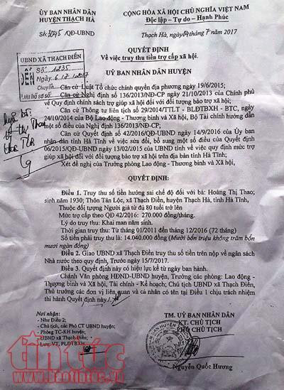Quyết định truy thu số tiền hơn 14 triệu đồng mà bà Hoàng Thị Thao (mẹ ông Hệ) đã hưởng sai.