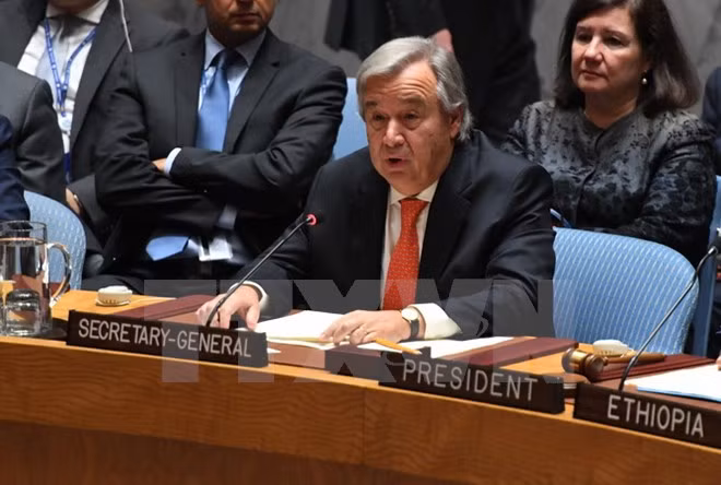 Tổng thư ký Antonio Guterres phát biểu tại một cuộc họp của Hội đồng Bảo an Liên hợp quốc tại New York, Mỹ.