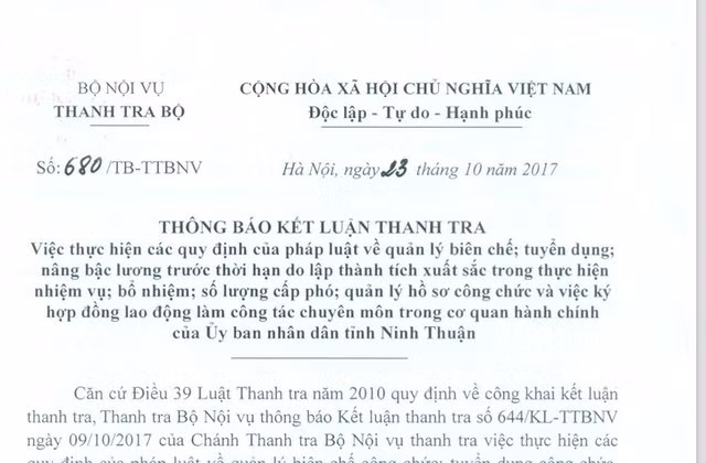 Kết luận thanh tra quản lý biên chế, bổ nhiệm cán bộ ở tỉnh Ninh Thuận vừa được công bố