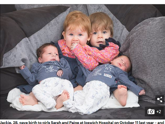 Hai bé gái Sarah và Paige đã được 1 tuổi cùng 2 cậu em Wesley và Nicholas gần 1 tháng tuổi.