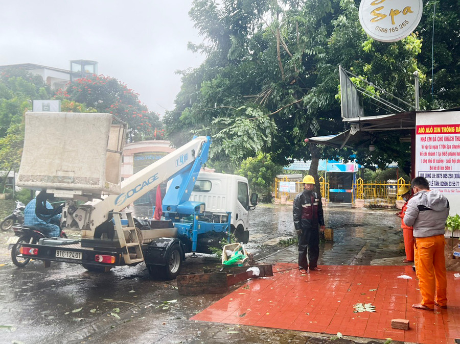 Công nhân nhanh chóng cắt tỉa cây xanh bị gió quật ngã đổ, đảm bảo lưu thông. Ảnh: Đinh Yến Ảnh: Đinh Yến