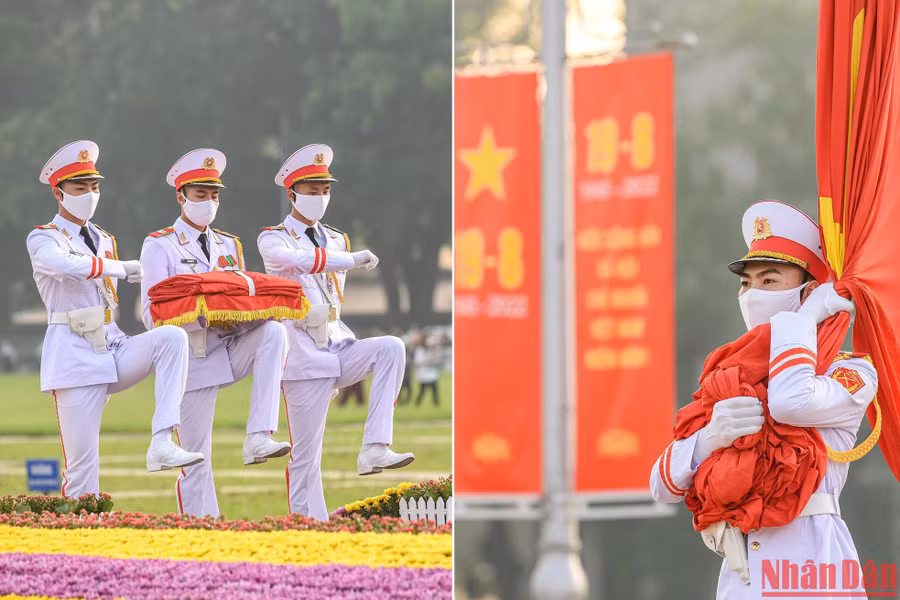 Các chiến sĩ cẩn trọng thực hiện từng động tác chuẩn xác và trang nghiêm.