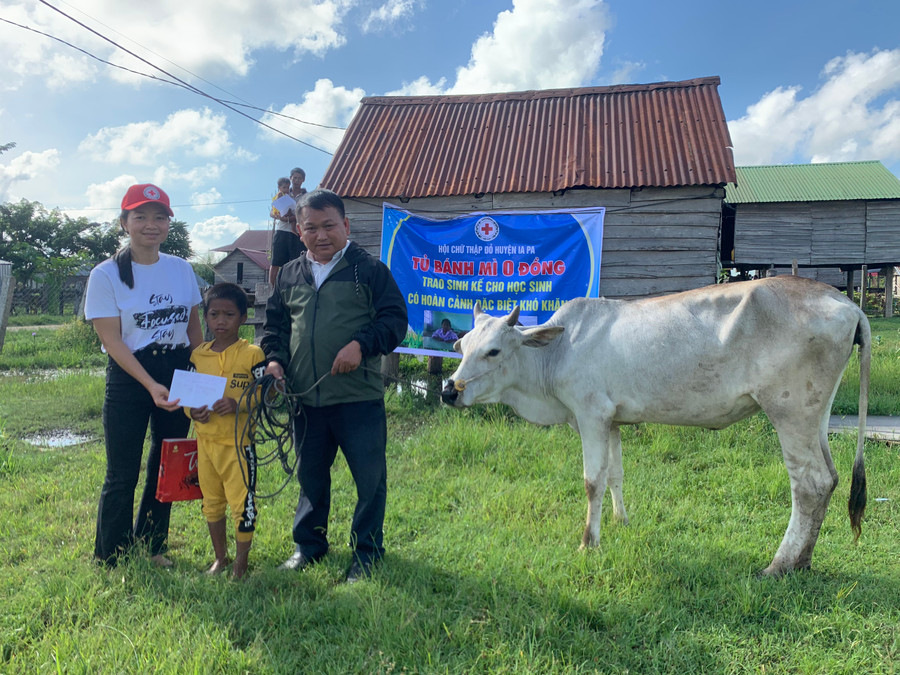 Thầy Vũ Văn Tùng và bà Trịnh Thị Thanh Hồng-Chủ tịch Hội Chữ thập đỏ huyện Ia Pa trao bò và kinh phí hỗ trợ làm chuồng nuôi cho em Đinh Hing. Ảnh: Vũ Chi