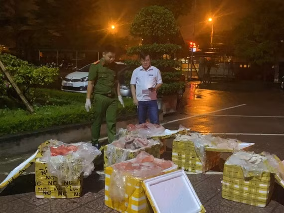  Lực lượng chức năng kiểm đếm số nội tạng chứa trong các thùng xốp. Ảnh: Công an Hà Tĩnh cung cấp