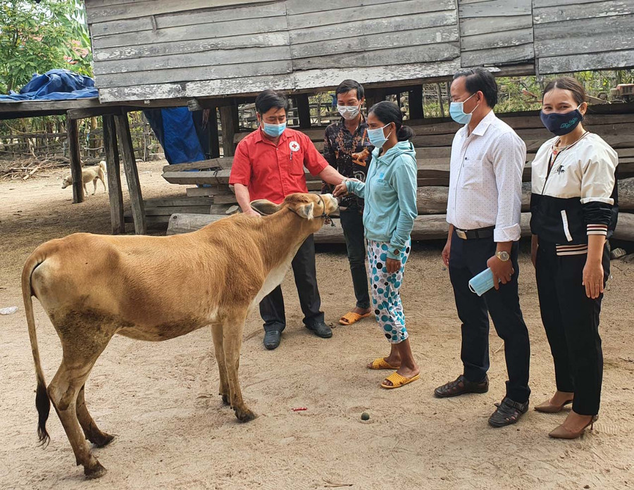 Hội CTĐ huyện Phú Thiện trao bò giống sinh sản cho gia đình bà Nay H’Chơk (buôn Chư Knông, xã Ia Hiao). Ảnh: Hồng Ngọc