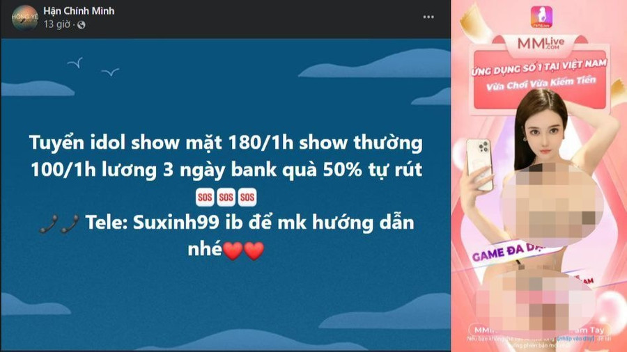 Quảng cáo “bắt mắt” của app MM live và tuyển dụng trên mạng. Ảnh chụp màn hình  Quảng cáo “bắt mắt” của app MM live và tuyển dụng trên mạng. Ảnh chụp màn hình