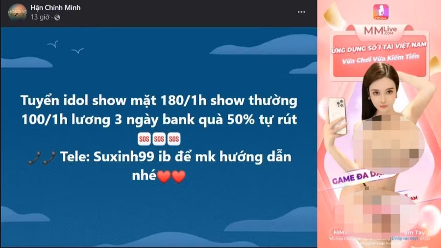  Quảng cáo “bắt mắt” của app MM live và tuyển dụng trên mạng. Ảnh chụp màn hình 