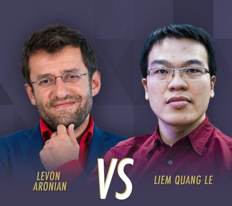 Lê Quang Liêm (phải) đánh bại Aronian từng 2 lần vô địch World Cup. Ảnh: GCT
