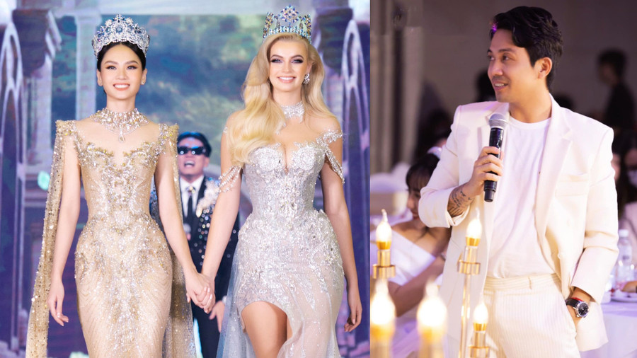 Vợ chồng đại gia Minh Nhựa chi 300 triệu đồng mua váy của Hoa hậu Thế giới Karolina Bielawska và Hoa hậu Mai Phương. Ảnh: BTC  Vợ chồng đại gia Minh Nhựa chi 300 triệu đồng mua váy của Hoa hậu Thế giới Karolina Bielawska và Hoa hậu Mai Phương. Ảnh: BTC