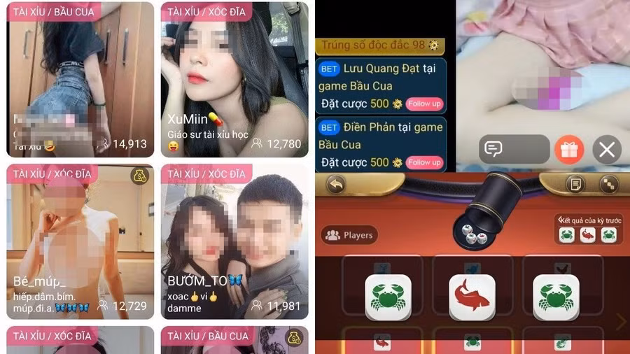 Các streamer livestream khiêu dâm, đánh bạc trá hình. Ảnh chụp màn hình 