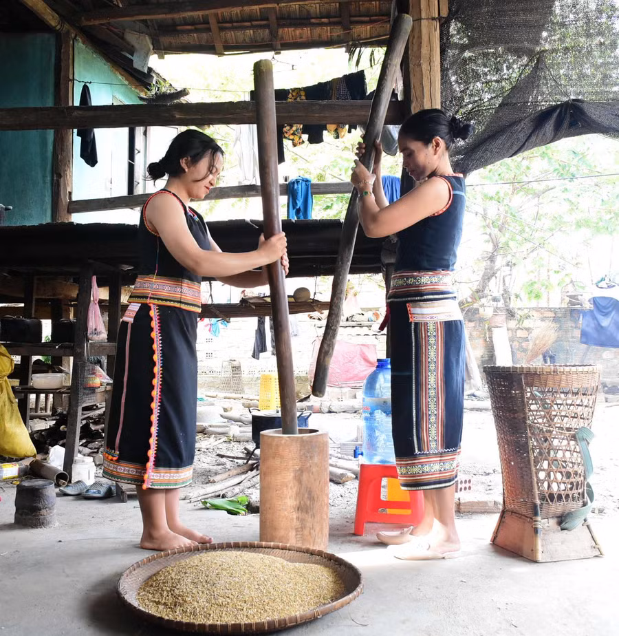 Phụ nữ Bahnar giã gạo chày đôi. Ảnh: H.T