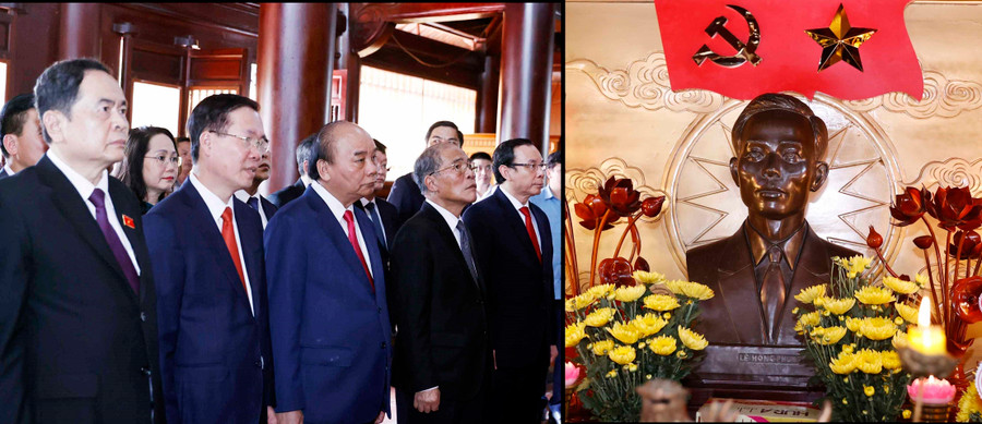 Chủ tịch nước Nguyễn Xuân Phúc và các đồng chí lãnh đạo, nguyên lãnh đạo Đảng, Nhà nước dâng hương tưởng niệm Tổng Bí thư Lê Hồng Phong tại Khu tưởng niệm Tổng Bí thư Lê Hồng Phong ở huyện Hưng Nguyên, tỉnh Nghệ An. Ảnh: Thống Nhất-TTXVN