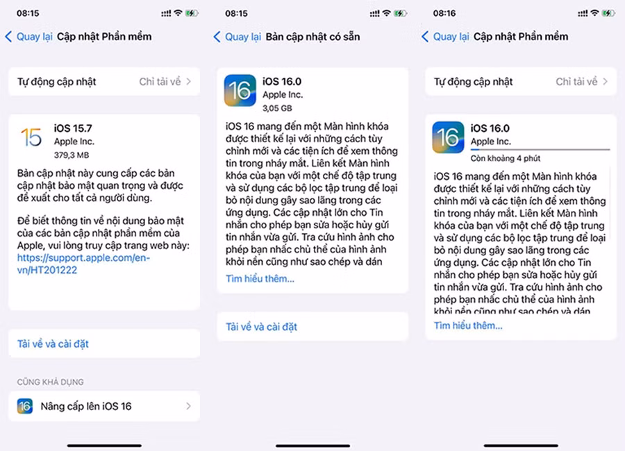 Người dùng có hai lựa chọn phiên bản iOS 16 hoặc iOS 15.7 khi muốn cập nhật. Ảnh: Chụp màn hình