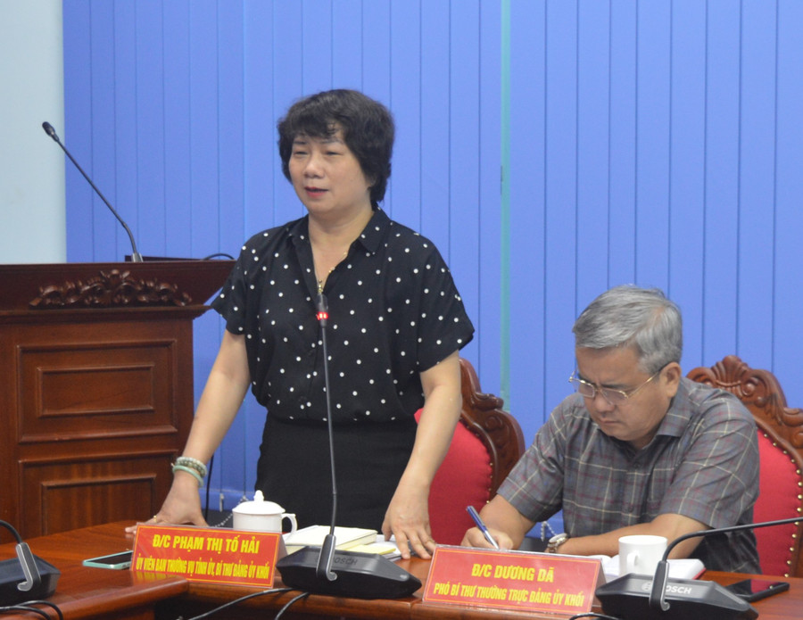 Bí thư Đảng ủy Khối Phạm Thị Tố Hải nêu ý kiến tại buổi làm việc. Ảnh: Anh Huy