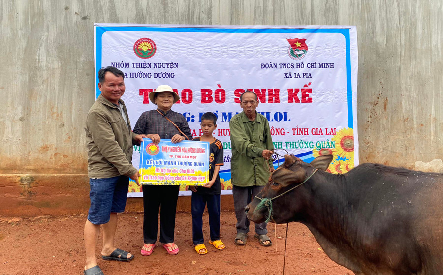 Tặng bò và trao học bổng cho gia đình em Kpuih Đẹp, làng Xom Pốt, xã Ia Pia. Ảnh: Hồng Ngọc Tặng bò và trao học bổng cho gia đình em Kpuih Đẹp, làng Xom Pốt, xã Ia Pia. Ảnh: Hồng Ngọc